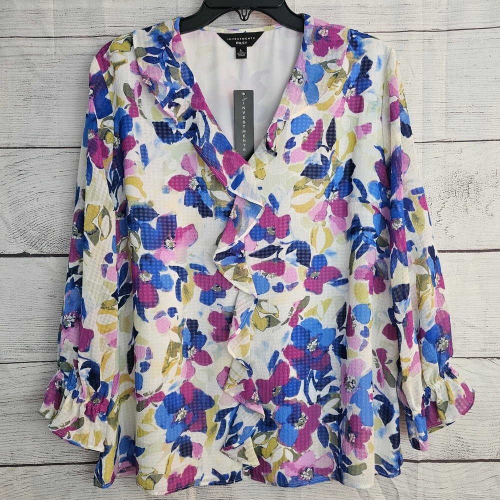 Investments Woman L Riley Textured Ruffle V Neck Long Sleeve Floral Blouse 1317